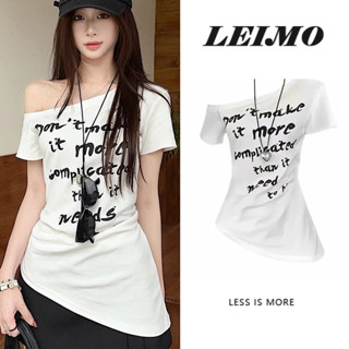 Áo thun ngắn tay cổ bất đối xứng bằng cotton nguyên chất cho phụ nữ, thiết kế ôm sát mùa hè, giảm cân, thiết kế không đều, áo trễ vai