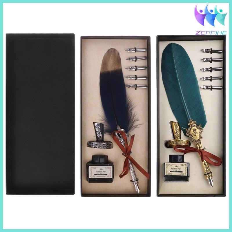 Vintage Feather Quill Dip Pen Fountain Pens With Ink +5 Nibs Set Stationery