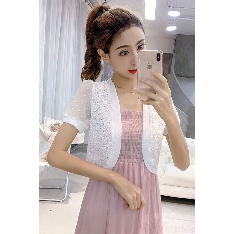 Áo khoác blazer nữ màu trắng đen tay ngắn áo khoác mỏng ren Filipiniana Bolero áo khoác chống nắng c