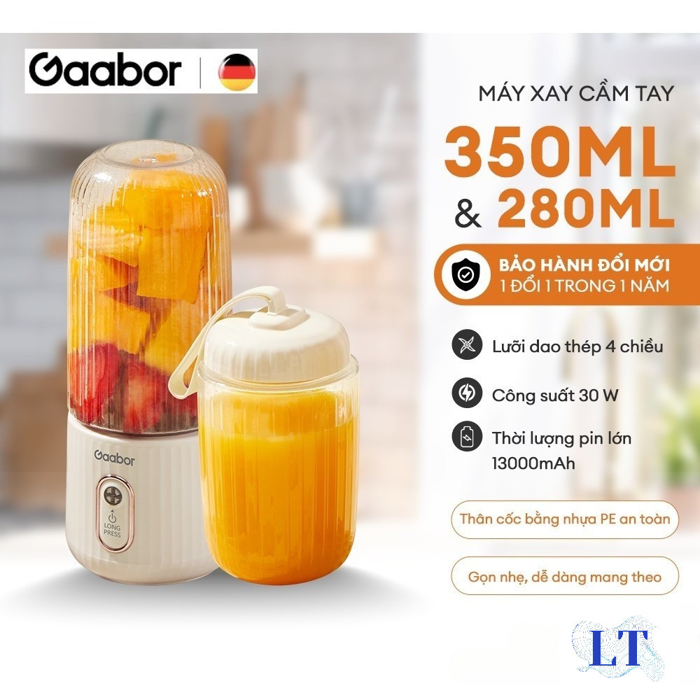 Máy xay sinh tố cầm tay Gaabor FP03T-WH01A dung tích cốc đôi 350ml + 280ml pin sạc cổng USB