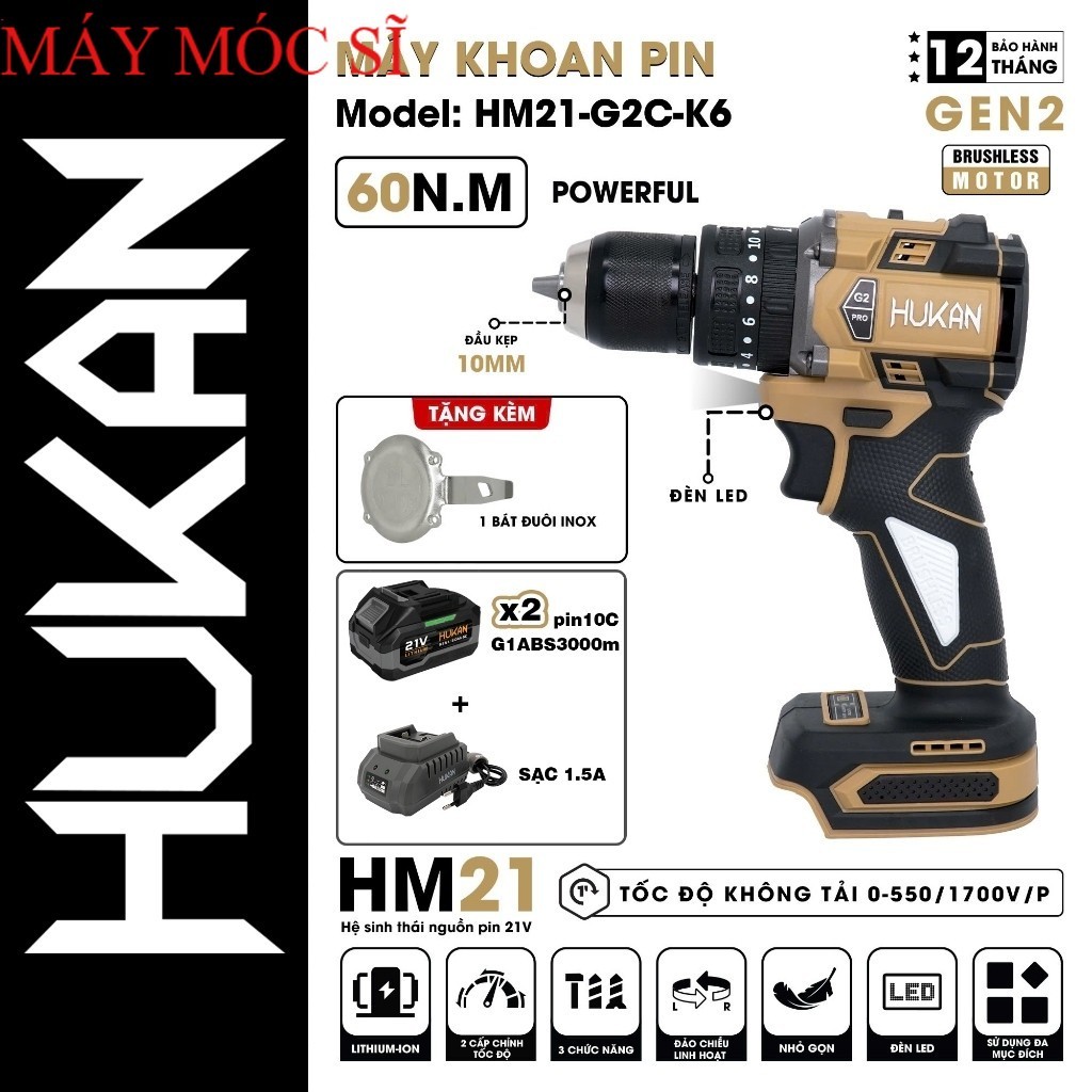 Máy khoan pin HUKAN HM21-G2C-K6, Động cơ Không chổi than, 3 Chức năng. Tr.ùm máy sĩ