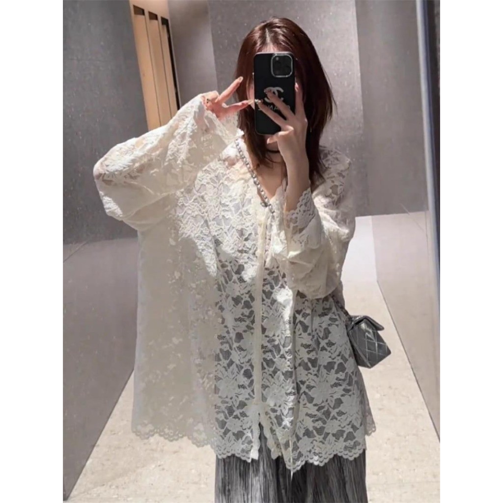 Meet-Adm Áo Sơ Mi Dài Tay Ren Dài Tay Ngọt Ngào Cay Rỗng Áo Cổ Chữ V Gợi Cảm Thời Trang Mới Mùa Hè | BigBuy360 - bigbuy360.vn