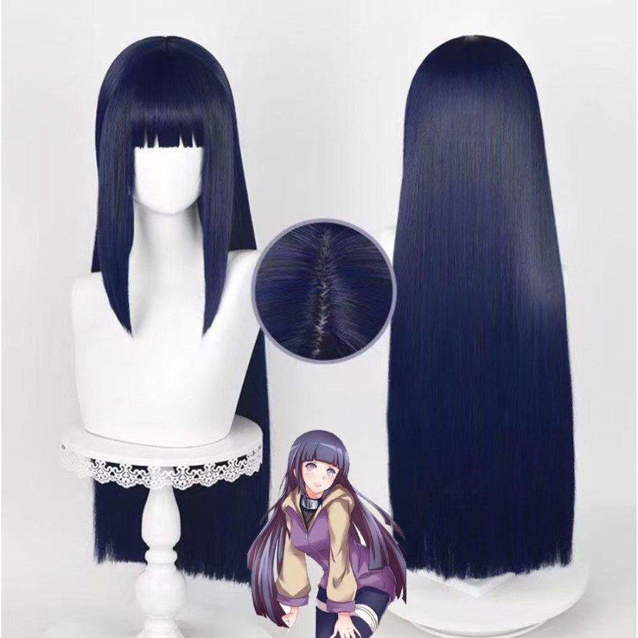 Anime Naruto Hinata Hyuga Cosplay Tóc Giả Dài 80cm Thẳng Xanh Đen Chịu Nhiệt Mô Phỏng Da Đầu