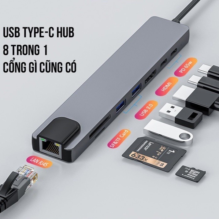 HUB Type C Và HUB USB 3.0, Hub chuyển 8in1,Cổng Chuyển Đổi HUB USB Type-C, USB 3.0 to HDMI, USB 3.0,