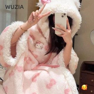 WUZIA Váy ngủ mùa đông, Áo choàng có mũ trùm đầu Cinnamoroll hoạt hình, Áo ngủ giải trí dễ thương lông cừu san hô ấm áp