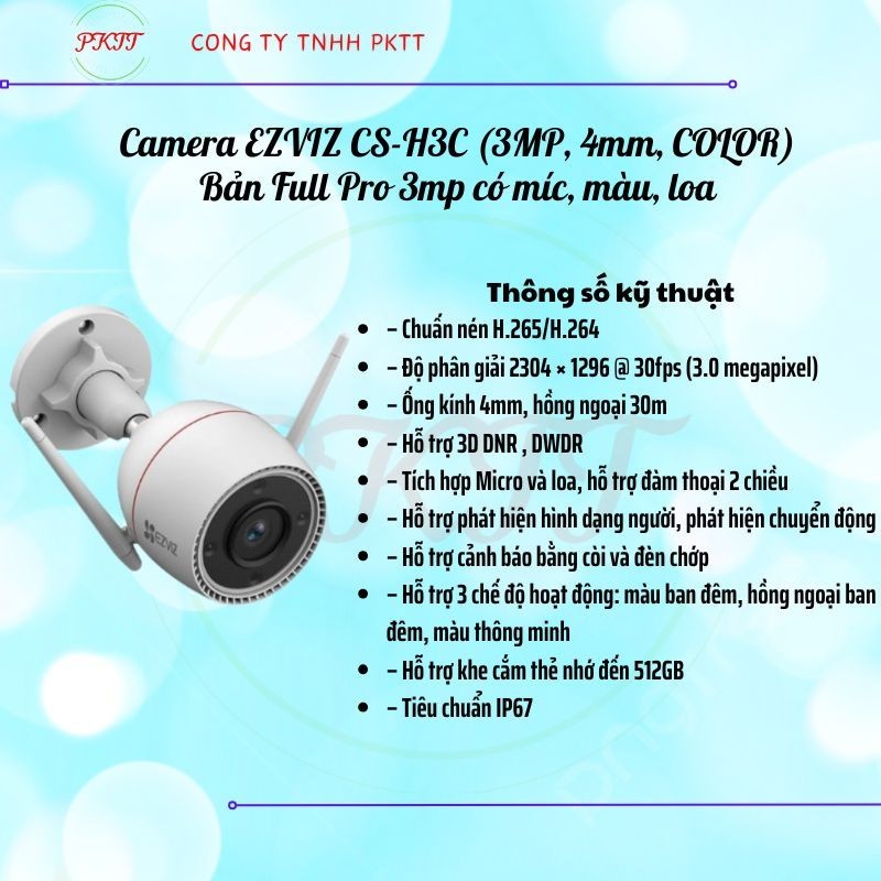 Camera EZVIZ CS-H3C Full Pro 3MP (3MP, 4mm, COLOR) – Hình Ảnh Màu Sắc Nét, Tích Hợp Mic & Loa