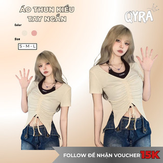 Áo Croptop Tay Ngắn Cổ Chữ V Phối Màu Tương Phản #Q016