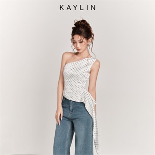 Áo kiểu KAYLIN lệch vai vạt chéo tua rua RIVA chất vải lụa chấm bi phong cách cá tính BST Hè 2025 - A13T5