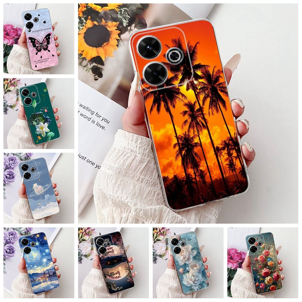 Trong Suốt Cho Redmi 13 4G Ốp Lưng Thẩm Mỹ Mèo Dễ Thương Thời Trang Sơn Hoa Mềm TPU Ốp Lưng Điện Tho