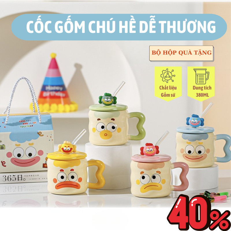Cốc sứ Joful Home 400ml có nắp hình chú hề, xinh xắn, hộp quà đáng yêu, dùng mỗi ngày