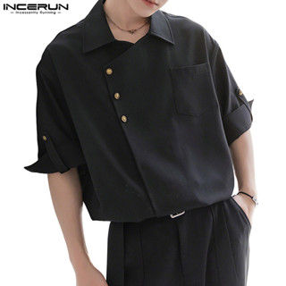 INCERUN Nam Slanted Front placket Phong Cách Trung Hoa Mới Rời Và Thiết Kế Đơn Giản Áo Sơ Mi Tay Ngắn