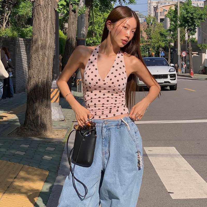 Klalien Chấm Bi In Áo Vest Nữ Y2K Ren Backless Dây Cổ Chữ V Skinny Xu Hướng Mùa Hè Hàng Ngày Đường Phố Cơ Bản Sang Trọng Áo | BigBuy360 - bigbuy360.vn