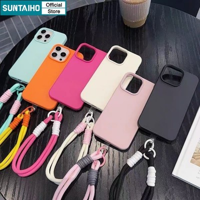 Suntaiho Hàn Quốc Họa Tiết Litchi Ốp điện thoại Iphone Có Dây Buộc Cho Iphone 16 15 14 13 12 11 Pro Max IP 7 8 Plus X XR Xs Max Ốp điện thoại Silicon Mềm Mờ Chống Vân Tay