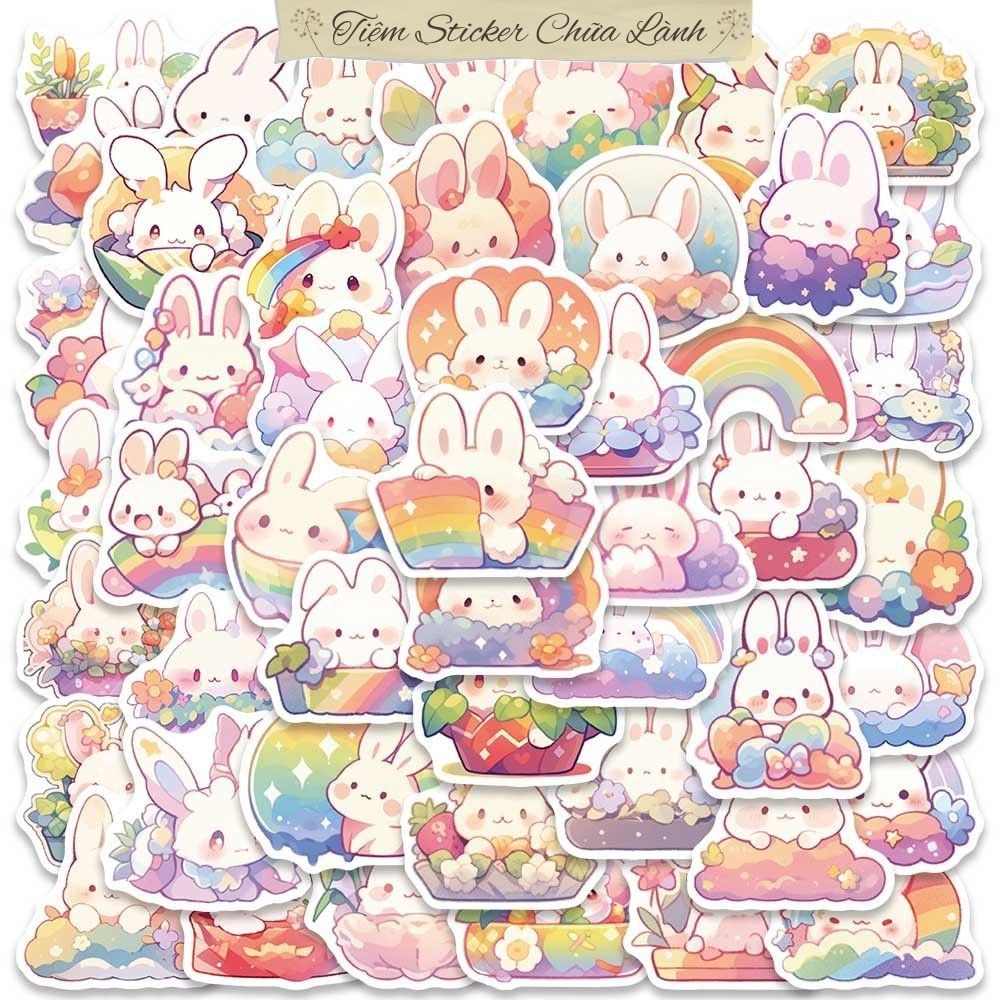 Set 50 cái sticker chống nước THỎ HỒNG ÔM CẦU VỒNG DỄ THƯƠNG CUTE ĐÁNG YÊU dán mũ bảo hiểm vali lapt
