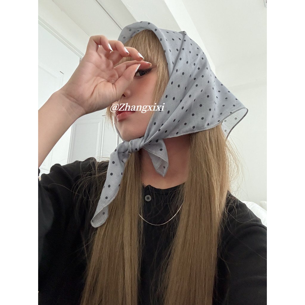 Pháp Retro Chấm Bi Cotton Vuông Lụa Khăn Nữ Xuân Hè Mỏng Nhỏ Khăn Ảnh Phụ Kiện Khăn Trùm Đầu / Băng Đô Đa Năng