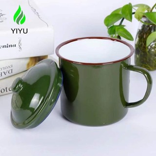 Cốc tráng men hoài cổ YIYU, Bình trà dày màu xanh lá cây, Retro chống rơi phong cách Trung Quốc thập niên 1970 có nắp cốc quà tặng