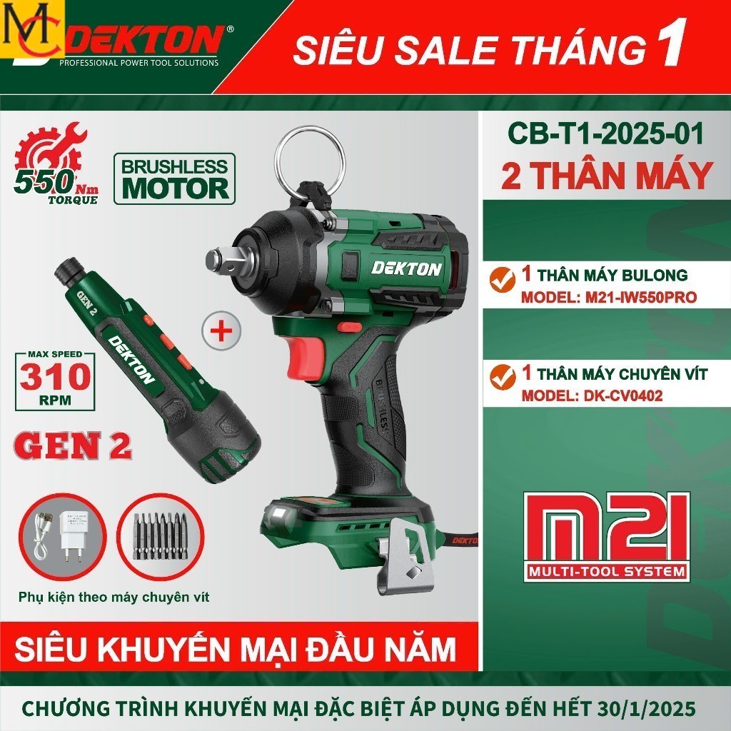 Máy Siết Bulong 550Nm DEKTON M21-IW550 Tăng DK-CV0402 Chính hãng dekton MC Máy xây dựng