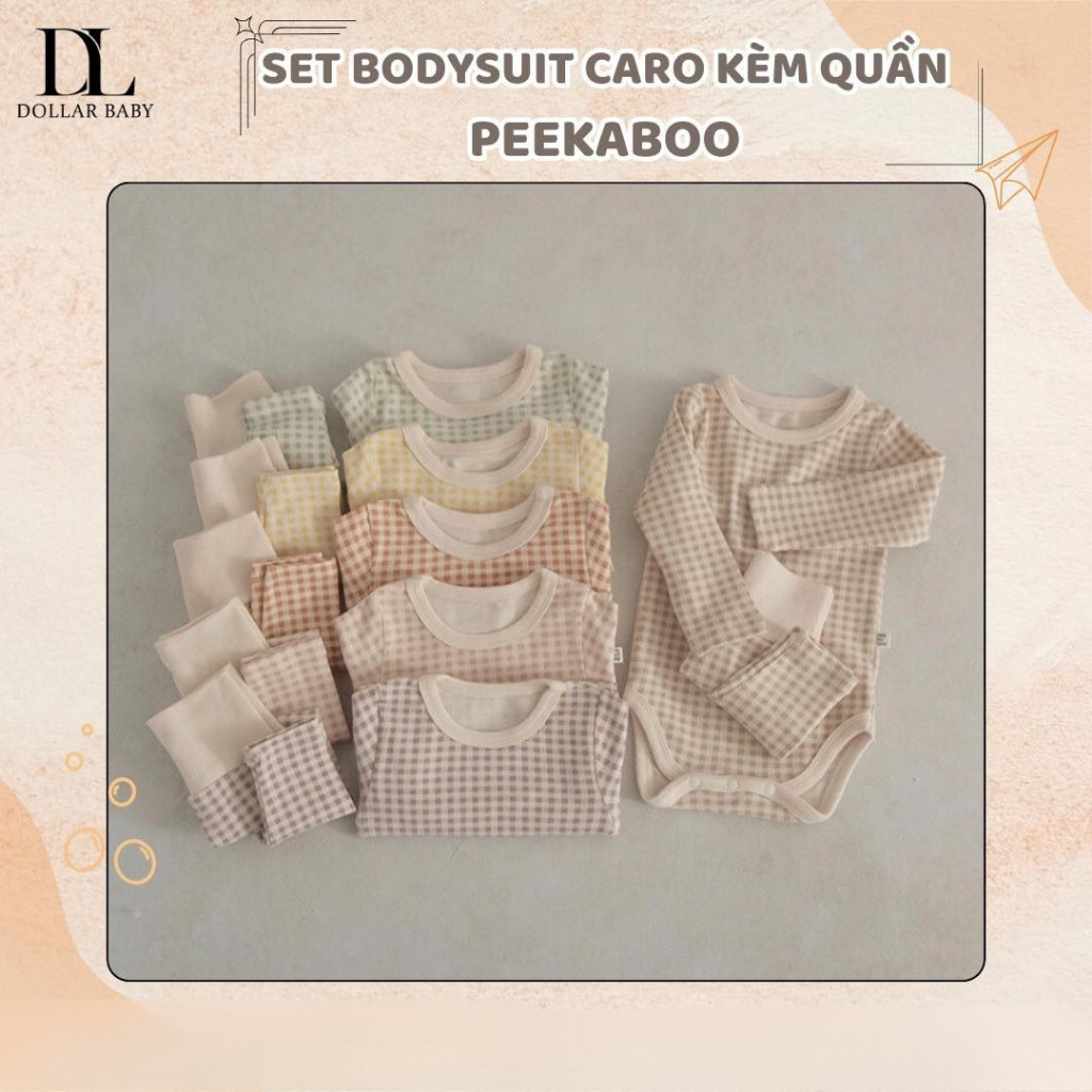 Bộ Bodysuit Kèm Quần PEEKABOO (Check Check) - Caro Xinh Xắn, Cotton - Chính Hãng Hàn Quốc