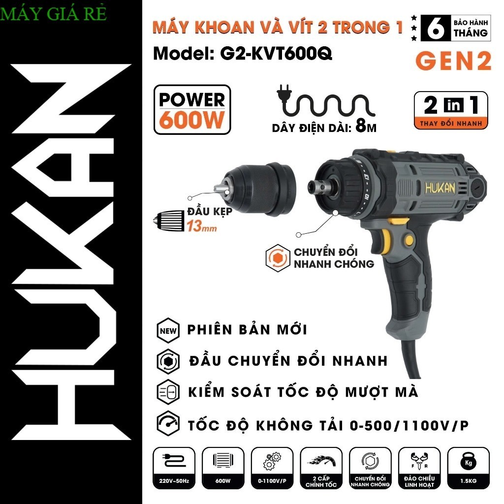 Máy khoan, máy bắn vít 2 trong 1 hukan sử dụng điện G2-KVT600Q, Dây điện dài 8m, Shop  giá rẻ