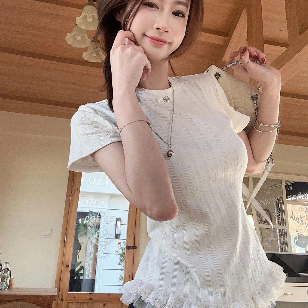 Meet-Adm Áo Thun Ngắn Tay Ren Ren Đơn Giản Jacquard Phiên Bản Hàn Quốc | BigBuy360 - bigbuy360.vn