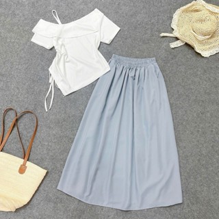 Set Bigsize nữ 2 món áo thun kiểu trễ vai vạt chéo nhún eo phối chân váy dáng dài che khuyết điểm- G213+CV15