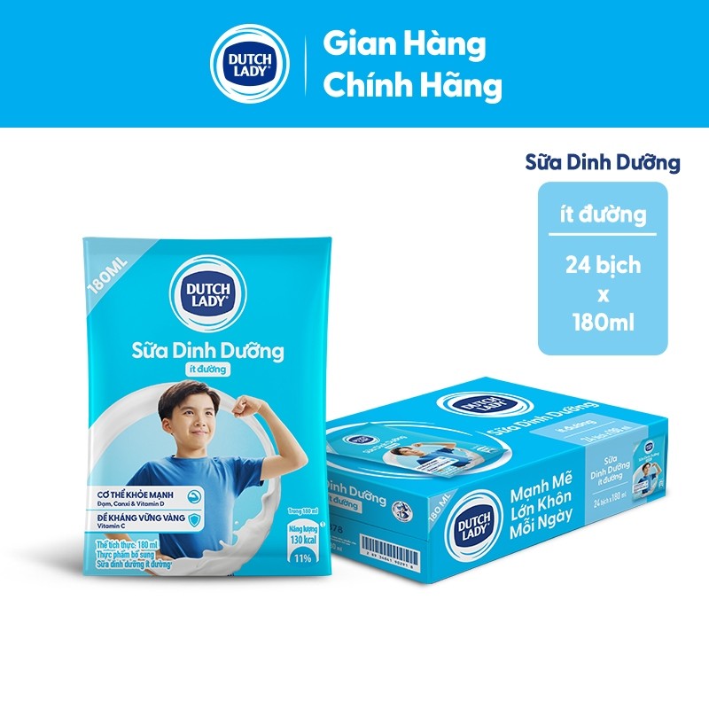Thùng 24 Bịch Sữa Dinh Dưỡng Dutch Lady Ít Đường 24x180ml