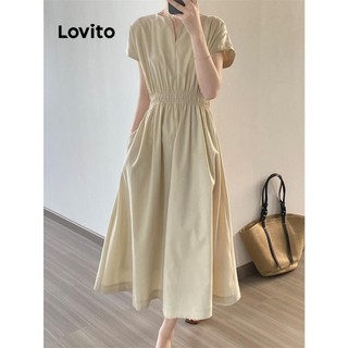 Đầm Lovito viền nhún bèo màu trơn phong cách thường ngày cho nữ LNE70794