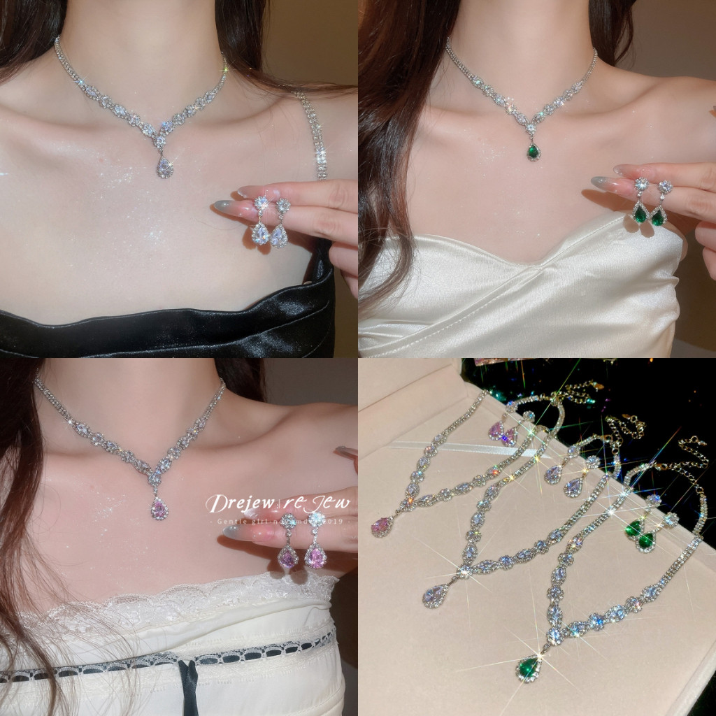 DREJEW Zircon Giọt Nước Mặt Dây Chuyền Vòng Cổ Bông Tai Bộ Ánh Sáng Sang Trọng Cao Cấp Retro