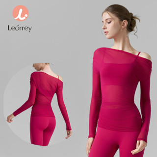 Leorrey-Bộ đồ tập yoga lưới vai nghiêng Áo cánh thể thao xếp ly Áo khoác thể thao dài tay