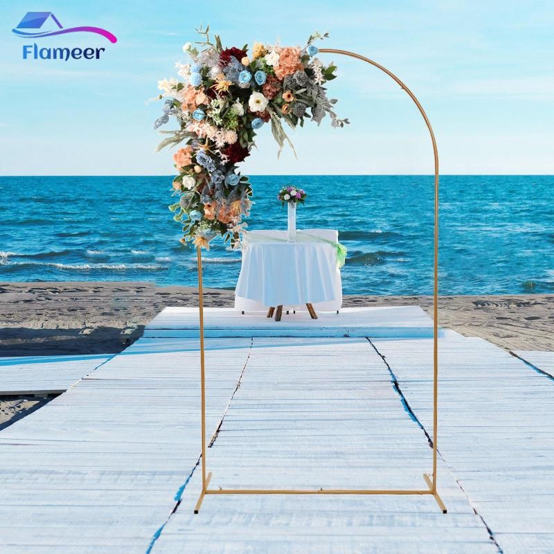 Flameer Metal Arch Backdrop Stand Balloon Arch Stand, Gold, Top Round, Arch Backdrop Frame, Wedding 