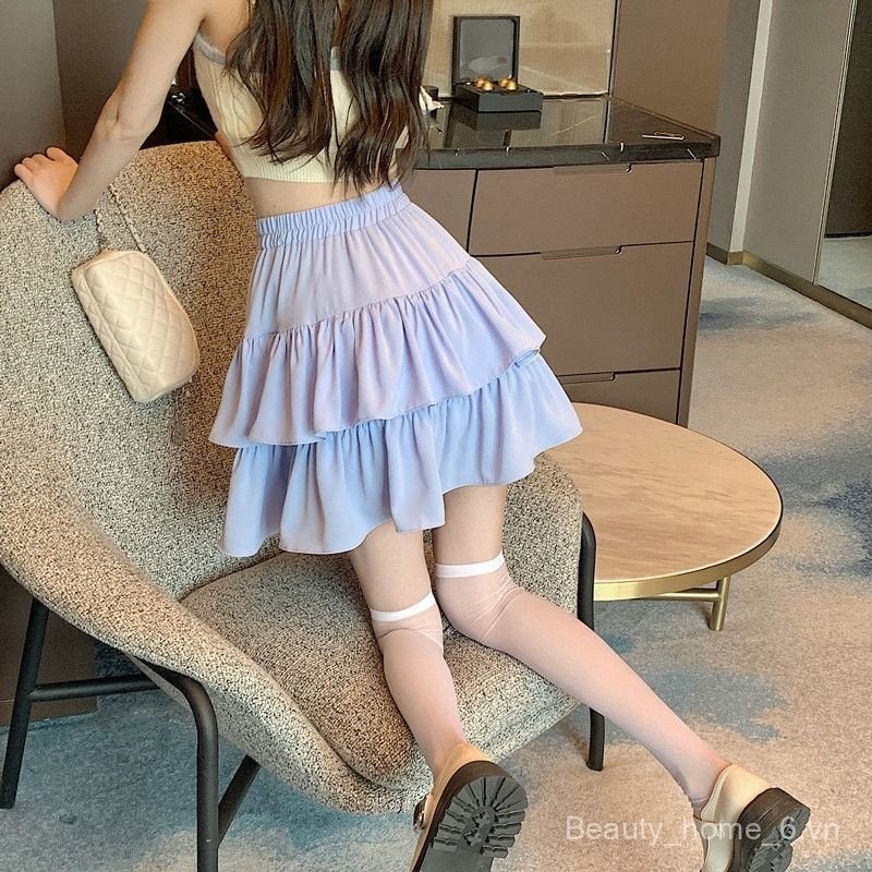 Váy bánh ngắn ba tầng diềm xếp nếp Thắt lưng co giãn Có lót, vải dù váy ngắn cao cấp dễ thương phù hợp với dáng người nhỏ nhắn | BigBuy360 - bigbuy360.vn