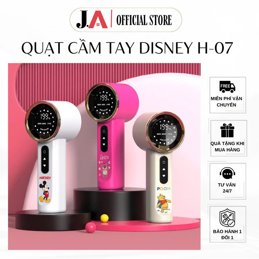 Quạt Cầm Tay Mini Disney H-07 Chính Hãng, Pin 3000mAh, Màn Hình LED, Kiểu Dang Hoạt Hình Dễ Thương (