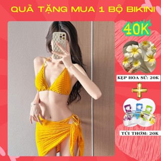Bikini 2 mảnh đi biển sang chảnh đồ bơi set 3 chi tiết áo 2 dây quần kèm khăn quấn màu vàng vân nổi A1