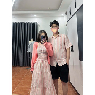 Set couple: Đầm cổ yếm rút thun dài siêu tôn dáng + Áo khoác hồng + Áo sơmi nam cùng chất liệu