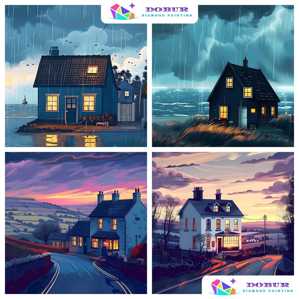 DOBURG | Bộ tranh kim cương | Cosy House 5D DIY Tròn / Vuông Full Khoan Canvas Với Số Hàng Thủ Công 
