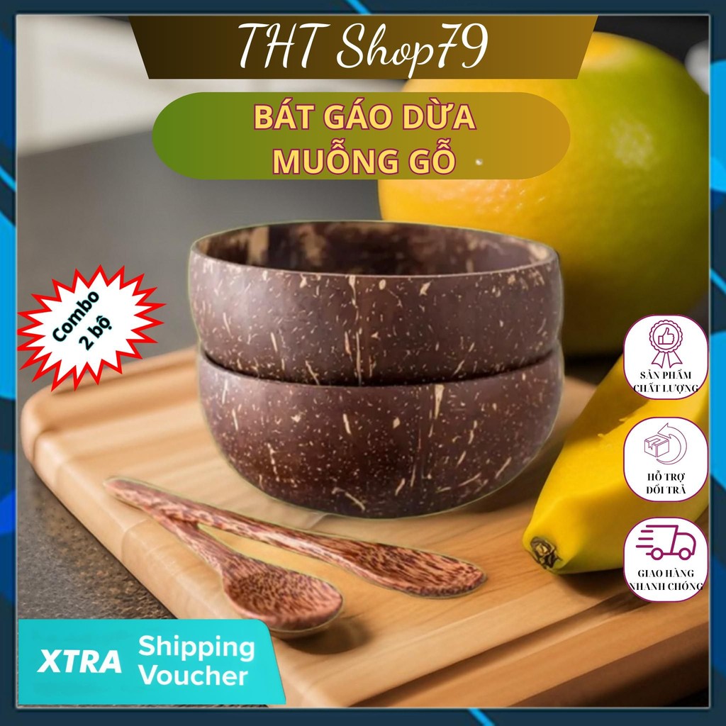 [Combo] 2 Bộ bát gáo dừa (2 chén + 2 muỗng gỗ)- Sự lựa chọn hoàn hảo cho một bữa ăn độc đáo và thân 