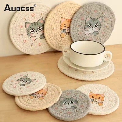 Tấm lót ly chống trượt họa tiết mèo dễ thương Aubess dùng để lót ly, bát, đồ trang trí nhà bếp