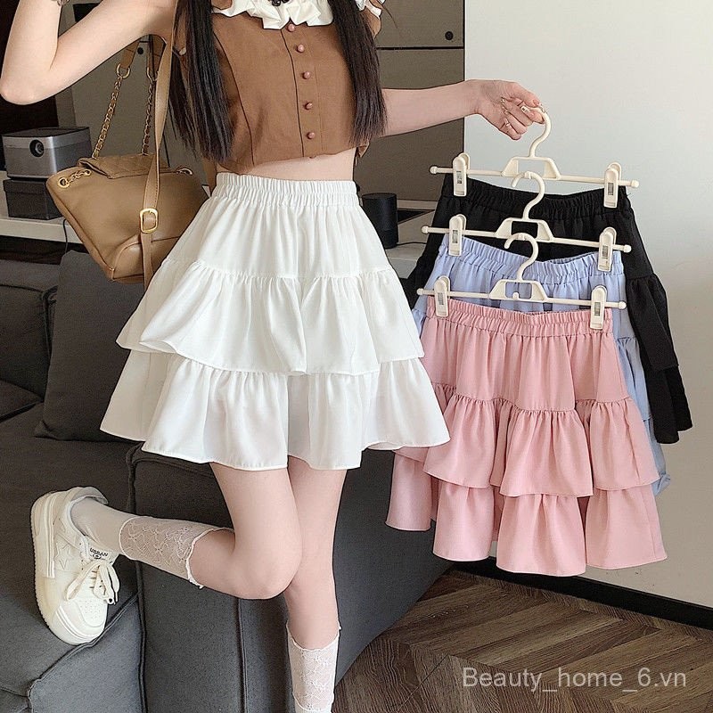 Váy bánh ngắn ba tầng diềm xếp nếp Thắt lưng co giãn Có lót, vải dù váy ngắn cao cấp dễ thương phù hợp với dáng người nhỏ nhắn | BigBuy360 - bigbuy360.vn
