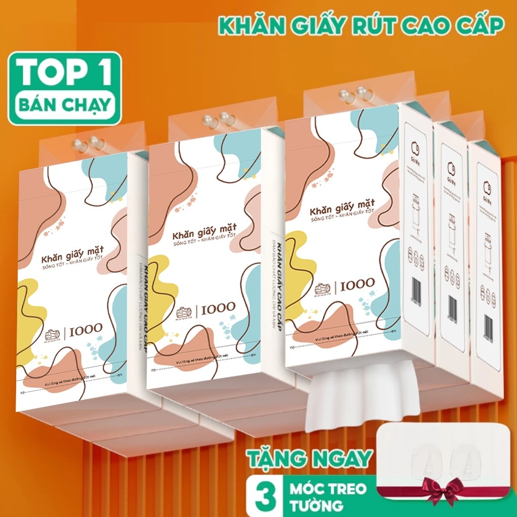 Khăn giấy rút 10 bịch Gió Nhẹ, giấy vệ sinh treo tường 1000 tờ 4 lớp tặng 2 móc treo