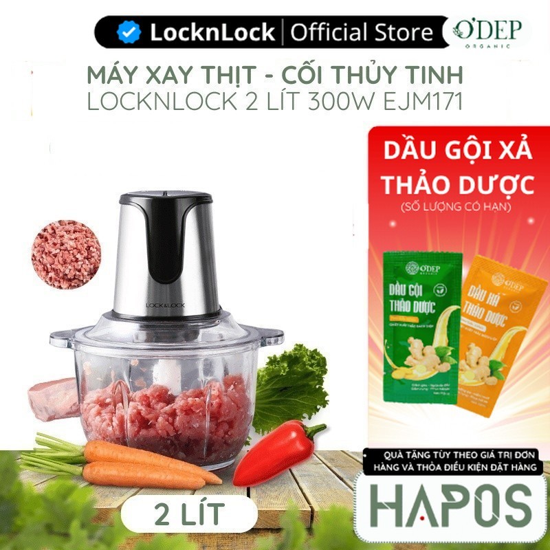 Máy xay thịt cối thủy tinh LocknLock 2L đa năng lưỡi dao sắc, 2 cấp độ xay mịn và nhanh chóng EJM171