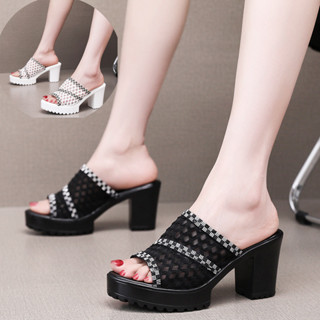 Dép Nữ Cao Gót Vuông Quai Lưới Đính Đá ZicZac Đế Pu Siêu Nhẹ Cao Cấp Bigsize (35-40) -MS CG14