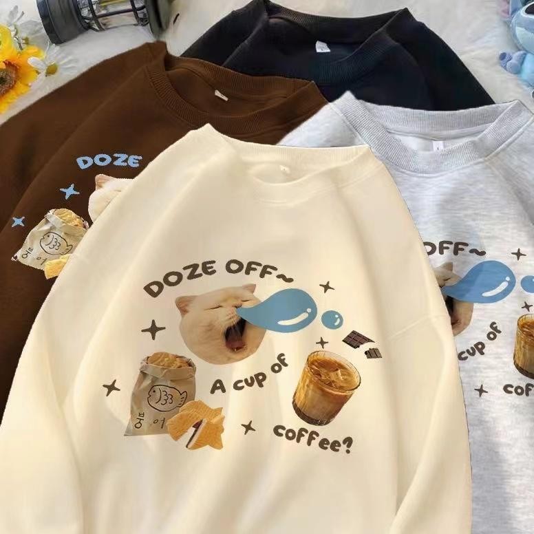 Áo len dài tay cổ tròn dáng rộng phù hợp với họa tiết mèo trẻ em "DOZE OFF" Phong cách Hàn Quốc dễ t