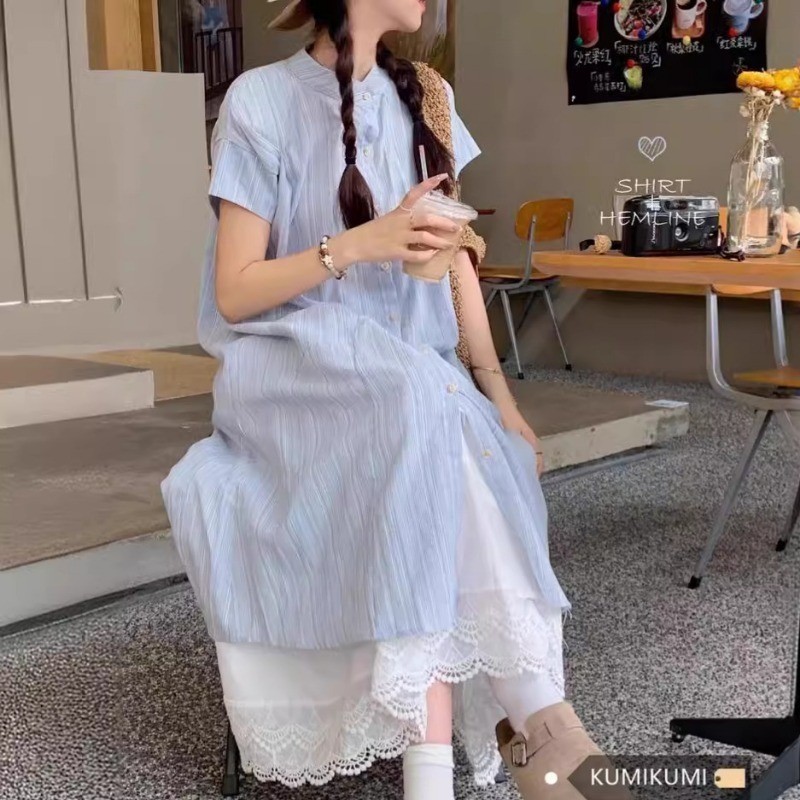 Váy sơ mi sọc xanh tay ngắn mùa hè kèm chân váy dài màu trắng kiểu Pháp mới màu trơnVáy Nữ-T0153 | BigBuy360 - bigbuy360.vn