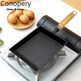 CONOPERY Chảo Omelet Nhật Bản, Chảo trứng gang không tráng Tamagoyaki, Tay cầm bằng gỗ hình chữ nhật Chảo chiên trứng nhỏ chống dính Dụng cụ nấu ăn