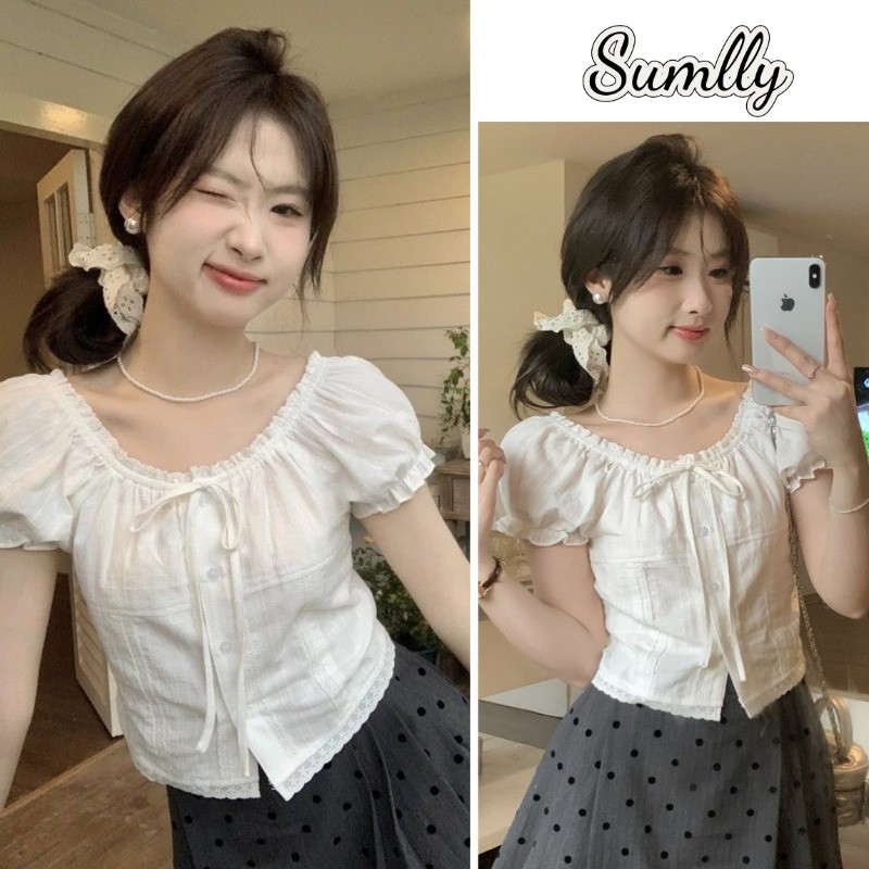 Áo sơ mi trắng tay ngắn siêu dễ thương có nơ, viền ren, tay bồng dễ thương, áo babydoll cơ bản mùahè