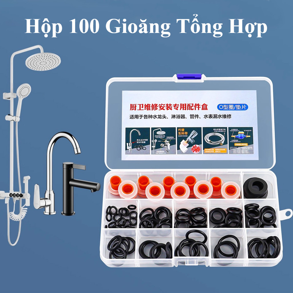 Hộp 100 Gioăng Cao Su Oring Đa Năng Sửa Vòi Nước, Ron Cao Su Thay Thế Băng Tan, Ron Vòi Sen Vòi Rửa 