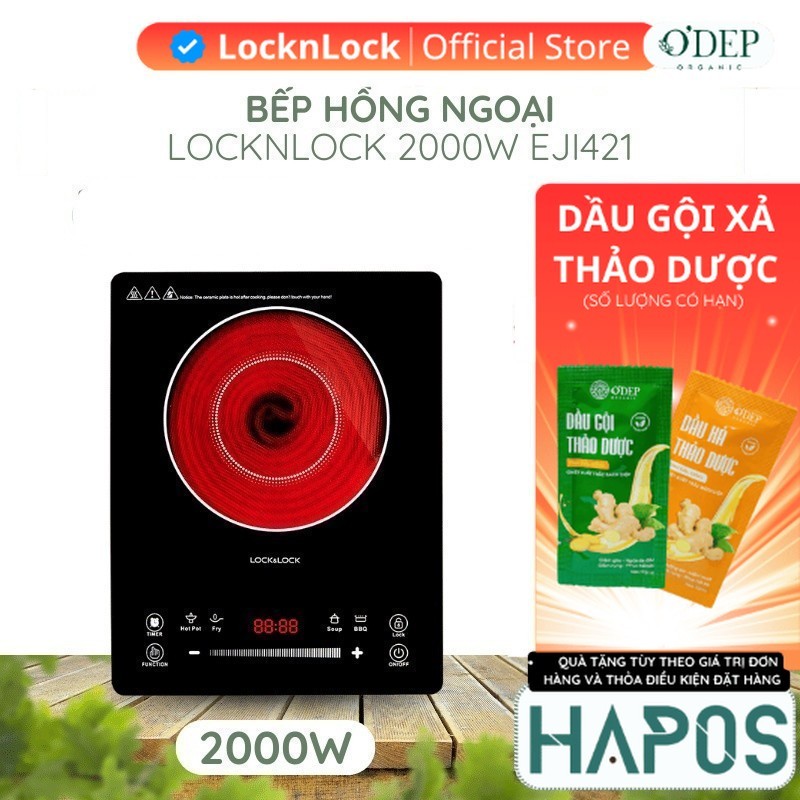 Bếp hồng ngoại đơn đa năng LocknLock Chính hãng, 2000W mặt kính cảm ứng, nấu lẩu, BBQ, Soup EJI421- 
