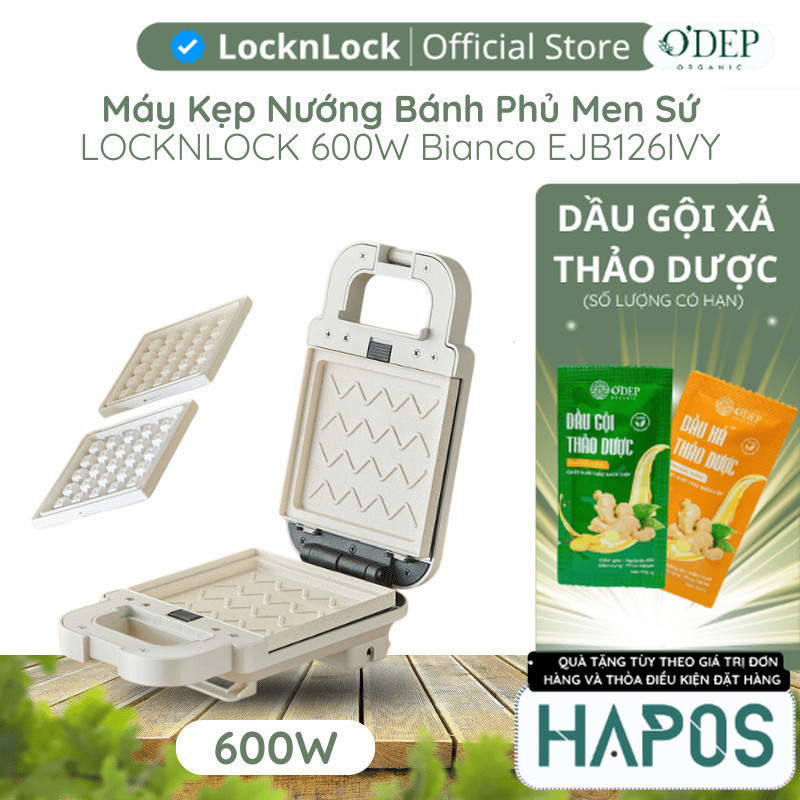Máy kẹp nướng bánh LocknLock 600W, Hàng chính hãng, phủ men sứ Bianco Sandwich Maker Màu ngà EJB126I