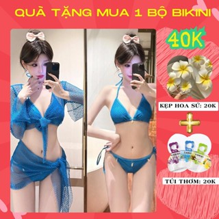 Bikini đi biển set 4 chi tiết áo bra 2 dây quần tam giác kèm áo lưới dài tay và khăn quấn thời trang  XANH 3104 C2