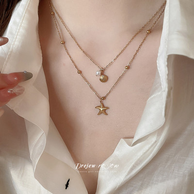 DREJEW Thép Titan Ngọc trai giả Hai Lớp Vỏ Sao Biển Mặt Dày Chuyền Vòng Cổ Châu Âu và Mỹ Cao Tinh Trang Sức Thời Trang